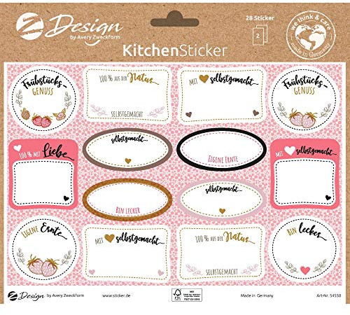 AVERY Zweckform Marmeladenetiketten 28 Aufkleber Mit Liebe gemacht (Sticker auf A5 Bogen, beschriftbare Klebeetiketten für Selbstgemachtes, Flaschen, Einmachen, Marmelade, mit Goldeffekt) 54550