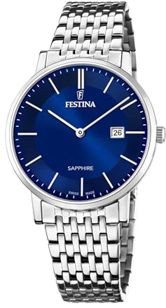 Festina SWISS MADE Orologio Uomo Analogico Acciaio 316L Argento - Quarzo Data - Vetro Zaffiro Resistente - Impermeabile 5 ATM - F20018/2 Classic Steel