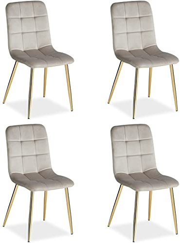 Homestyle4u Esszimmerstühle 4er Set Samt Hellgrau mit Goldbeinen | Polsterstuhl mit gestepptem Samtbezug, hoher Rückenlehne & stabilen Metallbeinen – je Stuhl 43,5 x 88 x 50 cm