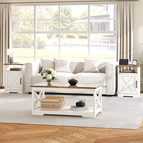 AMERLIFE 3-Piece Farmhouse Living Room Table Set with Coffee Table & 2 End Tables, Charging Station & USB Ports, Distressed White