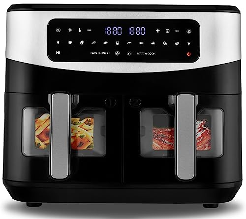 Venga! Double Air Fryer, 2x 4.5 L Capacity, 12 Preset Cooking Modes, Match Cook & Smart Finish Functions, 1400 W, Black/Silver, VG AFT 3008