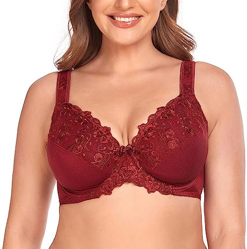 Ayigedu Women's Full Coverage Minimiser Bra Floral Lace Non Padded Plus Size Underwired Bra 34E