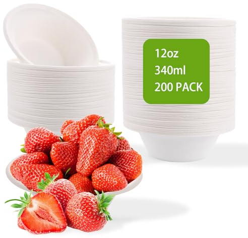 APACALI 200 Stück Pappschalen Suppenschalen, 340ML Zuckerrohr Papierschalen, Runde Geschirr Suppenteller, Suppenschale Schälchen für Party und Picknicks, Rund und Weiß