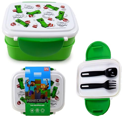 Puckator Porta Pranzo Bento con Posate e Chiusura a Clip - Creeper e TNT - Minecraft