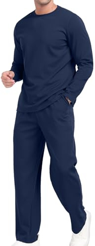 KUYIGO Tute da uomo girocollo 2 pezzi tuta pullover a maniche lunghe set felpa e jogger top a nido d'ape pantaloni casual sport maglietta da uomo Activewear tuta S-XXL, Marina Militare, XL