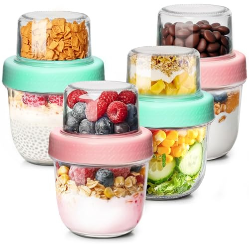 ComSaf Overnight Oats Container 240+120mL, 4Pcs Glass Yogurt Pots, Dual-Layer Overnight Oats Jar, Reusable Yoghurt Pots with Lids for Cereal Nut Fruit Granola Snack, Small Mason Jars for Meal Prep
