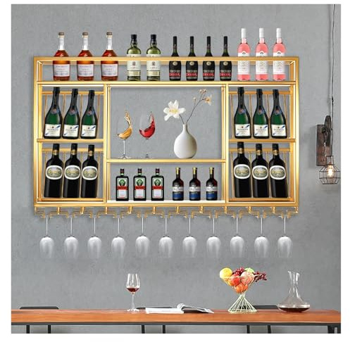 ZYYLIVR Weinregal Wand Hängend, Flaschenregal Mit Weingläserhalter, Weinständer, Bar Regal Wand, Aufbewahrungsregal Wandmontage Für Zuhause, Bar, Küche(Gold,120 * 25 * 70cm)