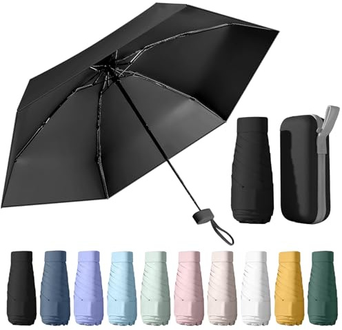 WoRuyKot Mini Travel Umbrella, 6 Ribs Mini Umbrella, UV Foldable with Capsule Box, Travel Waterproof and Windproof for Men and Women (Black)
