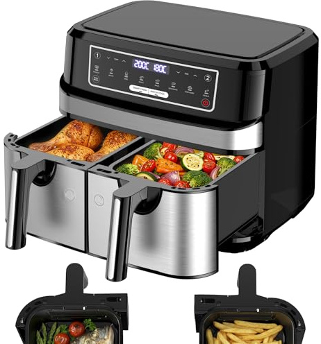 Heißluftfritteuse 2 Kammern 9L | Dual Zone Airfryer m 2x4,5L Schubladen, 2600W Heissluftfritteuse 8-in-1 Touchscreen Smart Finish Funktion, Air Fryer Doppelkammer Unabhängige Steuerung Temperatur Zeit