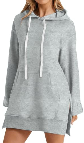 AMDOLE Womens Ladies Plain Hoodie Pullover Longline Hoody Soft Casual Hooded Sweatshirt Top Long Sleeve Jacket Jumper Dress for Women UK Grey 5XL