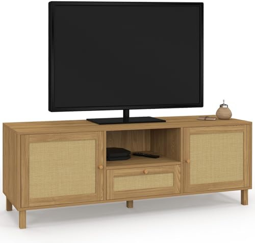 IDMarket - Meuble TV 140 cm Vintage HANAE 3 Portes Effet Naturel cannage