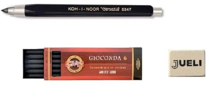 KOH-I-Noor 5347 Fallbleistift/Druckbleistift, Plastik schwarz, Metallbeschläge, ohne Spitzer + Fallminen 2B 5.6 mm 6 Stück + Radiergummi Jueli