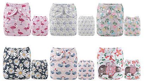 ALVA 6 Pack Cloth Diaper with 12 Inserts One Size Adjustable Washable Reusable Diaper Cover for Baby Girls and Boys