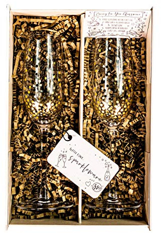 Sparkleware ® Champagne Flutes Set of 2 Fully Gift Boxed (Gold Polka Dot)