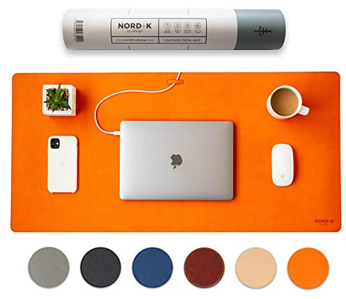 Nordik Leder Schreibtischunterlage Kabel-Organizer (Tangerine Orange 89 x 43 cm) Premium erweitertes Mauspad für Home Office Zubehör – rutschfestes, veganes Schutz & Schreibunterlage
