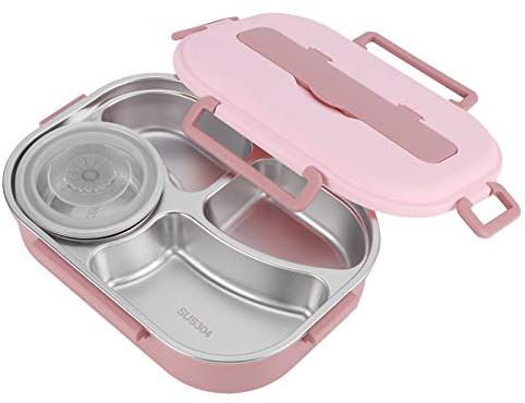 HURRISE Stainless Steel Lunch Box, Leakproof Box with Soup Bowl Spoon and Chopsticks, Green Food Containers for Kids Adult Student Children Use (Pink)
