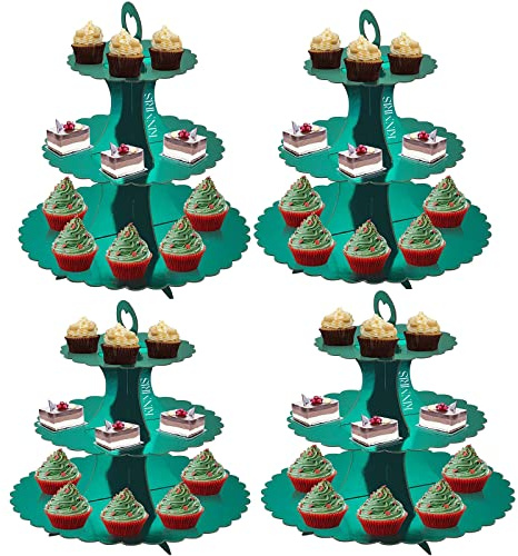 KINMRIS Cardboard Cupcake Stand 4Pack , 3-layer lace border dessert holder, lake blue cardboard cupcake holder, birthday party supplies, tableware, Wedding decorations