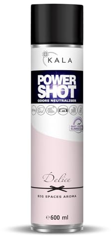 KALA - Geruchsneutralisierer für Räume POWER SHOT, Geruchsentferner für Große Flächen ca. 200 m3, Lufterfrischer mit Aktiver Neutralisator für alle Räume - Duft Delice, 600 ml