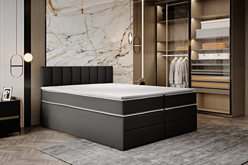 TRADA Boxspringbett 160x200 cm mit Bettkasten und Taschenmatratze - Miami - Elegantes Hochbett mit Viscoschaum-Topper - Schwarz