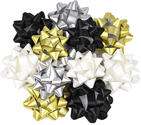 RUSPEPA Geschenkschleifen-Sortiment Aus Papier – Gold, Schwarz, Silber, Weißes Muster Für Geburtstag, Weihnachten, Urlaub, Party, Hochzeit, Babyparty – Insgesamt 12 Schleifen, 2 Größen