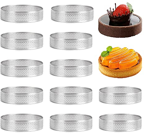 Tiamu 12 Pack Perforierter Dessertringe Tortenringe 6cm Edelstahl Tartelette Förmchen, Rund Mousse Ring, Crumpet Rings, Mini-Pizzen Muffins Backringe für Torten, Mousse, Torten, Quiche, 6cm