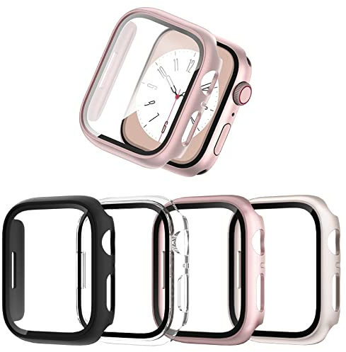 JZK 4-Stück Schutzhülle für Apple Watch Series 9/8/7 41mm, Hart PC Ultradünne Gehäuse Hülle Eingebaut Kratzfest Gehärtetes Glas Schutzfolie für iWatch 9/8/7 41mm, Schwarz/Klar/Roségold/Sternlicht