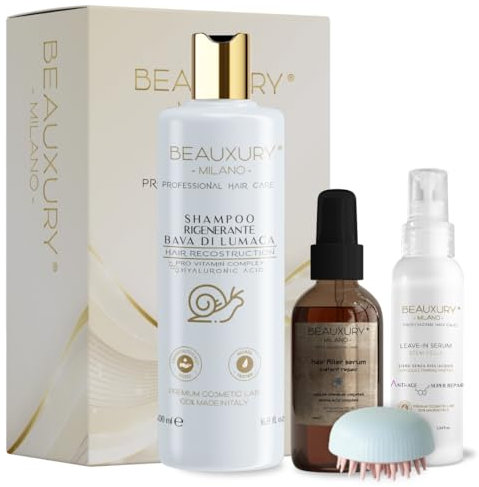 Beauxury Milano Hair Filler Kit - Ricostruzione Intensiva per Capelli Danneggiati con Shampoo, Siero, Leave-In e Spazzola Brush - Azione Anticrespo, Ripara, Protegge e Stimola la Crescita