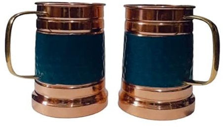 Ornate International 16 Oz Black Matte Moscow Mule Copper Cups and Barrel Mugs, Moscow Mule Mug with Rose Gold Copper Rims, Set of 2 (BLUE)