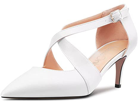 NobleOnly Donna Spillo Medio Tacco Heel a Punta Pumps Cinturino Incrociato Fibbia da Matrimonio Dress 6 CM Heels Bianco 42 EU