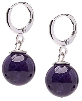 Pendientes simples hechos a mano con cuentas de piedras preciosas para mujeres y niñas - Pendientes colgantes de bola de 12 mm con parte trasera de palanca chapada en oro (amatista morada)