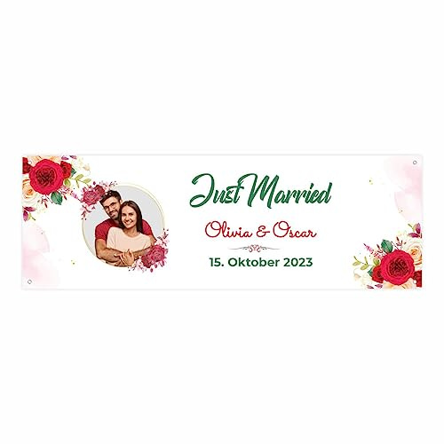 Personalisiertes Hochzeitsbanner – Banner Personalisiert mit Namen, Datum & Wunschtext – elegantes Hochzeitsbanner zur Hochzeit oder Jubiläum – Deko in 150x50 cm oder 225x75 cm – Just Married