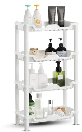 Qualiware 4 Tier Corner Shower Caddy Organiser Standing Shelf Rack Rustproof Corner Shelves for Bathroom Storage, Bath Accessories, Shower Pan, Narrow Places, 40 x 20 x 69.5 Centimeter, White