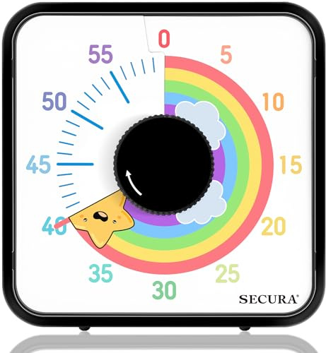 Secura Minuteur visuel de 60 Minutes, Compte à rebours magnétique Arc-en-Ciel de 19,1 cm pour Salle de Classe ou Cuisine, Horloge mécanique Durable avec Dos magnétique (Noir et étoile)