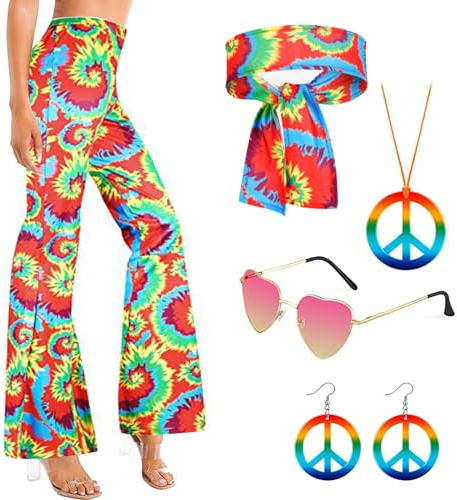 Hippie Kostüm Damen 70er 60er Jahre, Faschingskostüme Damen, Karneval Halloween Kostüm Erwachsene, Boho Schlaghose Disco Kostüm Zubehör Friedenszeichen Accessoires Set Für Fasching Party (B, L)