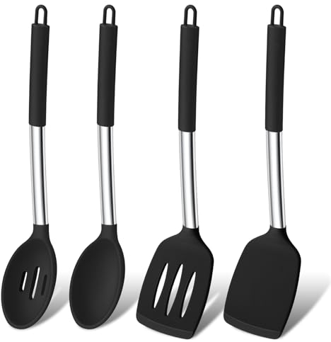 Küchenhelfer Set, Onader 4 Stück Silikon Pfannenwender Kochlöffel Set, Hitzebeständig Küchenutensilien Set mit Edelstahlgriff, Gesund & Spülmaschinenfest – Schwarz