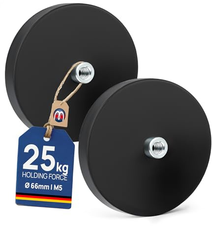 2 x Neodym Magnet-System gummiert Ø 66 mm Gewinde-Buchse (Innen-Gewinde) M5 - Haftkraft 25 kg - 2 Stück - Starke Magnete mit Gummi für Schrauben Haken Ösen, Größen:Ø 66mm | M5 | 25kg Haftkraft