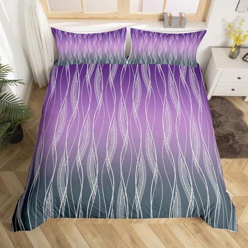 Homewish Girls Purple Ombre Bedding Set Double Size Purple Lilac Black Comforter Cover Teen Women Abstract Gradient Geometric Duvet Cover Modern Wavy Stripe Quilt Cover Fashion Room Decor Zipper