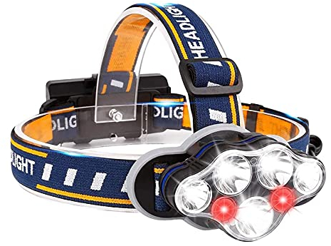 PANKERS Rechargeable Headlamp, 8 LED High Lumen Headlamp Flashlight 8 Modes with White Red Lights, 18650 USB Rechargeable Waterproof Headlight Flashlight for Camping, Hiking, Cycling, Outdoors