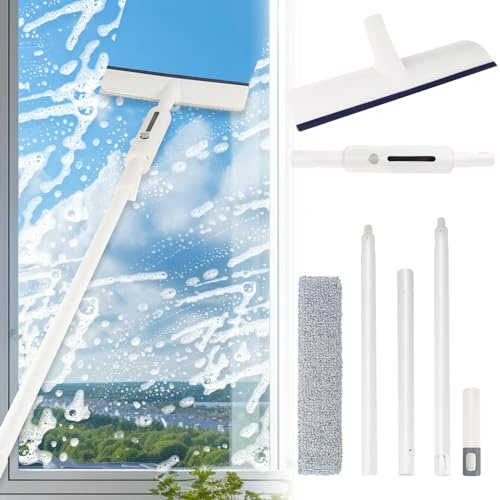 Limpiacristales con Mango Extensible, 3 in 1 Limpiacristales Telescopico, Limpiador Cristales Profesional con Escobilla de Silicona & Paños de Microfibra para Ducha Cristal Espejo Puerta Coche