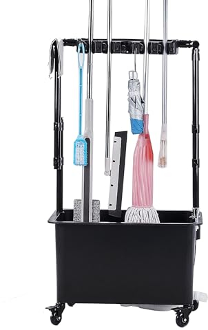 Drain Rack Broom Mop Holder Mop Bucket and Broom Holder Cleaning Supplies Garden Tool Organizer Rack Cleaning Cart on Wheels Broom Storage Cabinet Freestanding Broom Closet