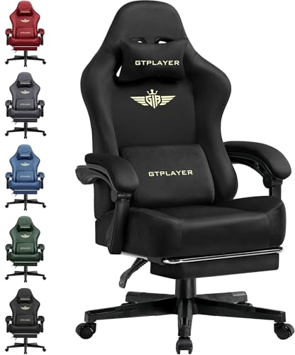 GTPLAYER Fabric Gaming Chair, Ergonomic Computer Chair with Footrest and Lumbar Support Height Adjustable Home Office with 360°-Swivel Seat and Headrest (Black)