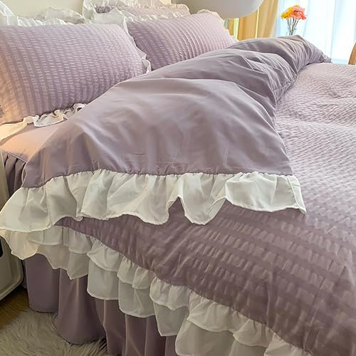 Rozhuhro Ensemble de literie Complet 4 pièces en Seersucker à Volants Housse de Couette Doux et Respirant Fermeture éclair draps de lit Lavable en Machine,Violet,King