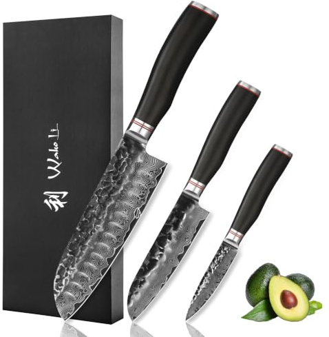 Wakoli EBO 3-teiliges Damastmesser-Set, 67 Lagen Damaststahl mit VG-10-Kern | Santoku, kleines Santoku und Officemesser; Hammerschlag, schwarze Eichengriffe, 15° V-Schliff je Seite, 60±2 HRC, Geschenkbox