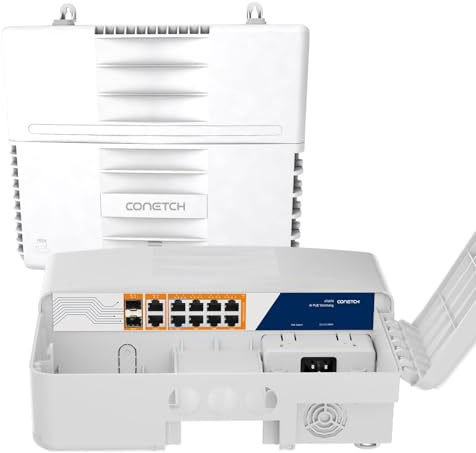 CONETCH PoE Gigabit 12 Ports extérieur Switch, PoE 8 gigabits, SFP 2 gigabits, Commutateur réseau Plug &Play 120W ieee802.3af/at/BT, ip65 résistant aux intempéries, Protection Contre la Foudre 6 KV