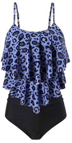 FLYILY Dam tvådelad hög midja badkläder tankini volangset rynkad simdräkt, 2-navyleopard, L