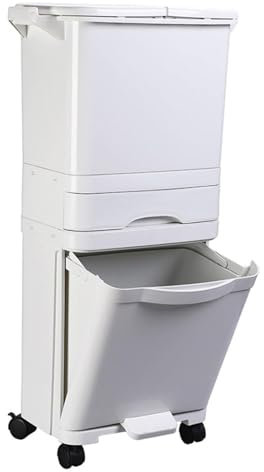 Livhome Recycling Pedal Bin with 4 Recycle Compartments, 42L Double Kitchen Bin, Dry and Wet Waste Separation, Vertical Compost Bin with Wheels, Slim Pedal Bin for Kitchen and Bathroom (White)
