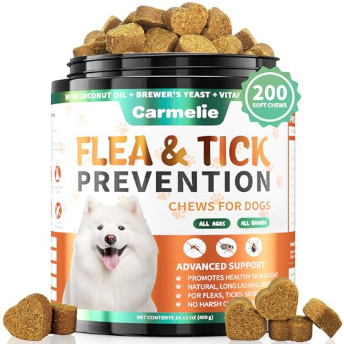 Carmelie Flea and Tick Chews for Dogs - 200 Soft Chewables Natural Dog Flea and Tick Support - Oral Flea Supplement for All Breeds & Size Dogs, Puppy Flea Support - Duck Flavor