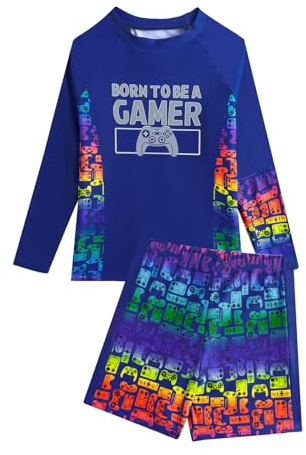 JiAmy Boys Swimming Costume 2 Piece Swim Set Gaming Boy's Long Sleeve UV Rash Guard Shirts with Swim Trunks Swimsuit for Kids 10 Years, Blue