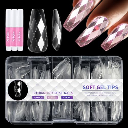 120 Stück Full Cover Nail Tips Ballerina Mittel - Durchsichtig Rautenförmig Nageltips für Gelnägel - Fake Nägel mit 3 Nagelkleber - Atmungsaktiv Nagel Tips Set Nagelverlängerung für Damen Mädchen (B)