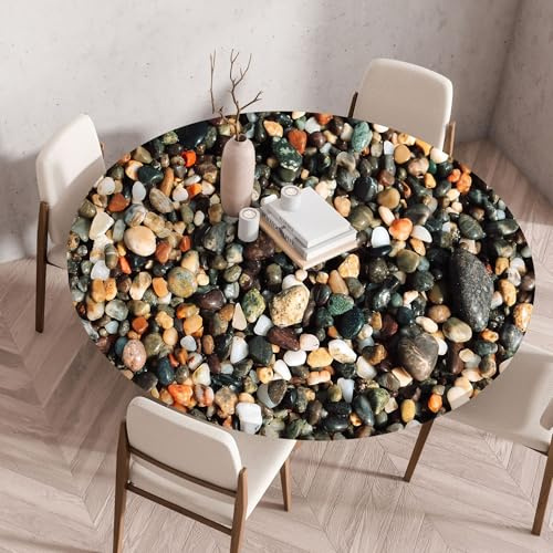 Mateju Runde Fitted Tischdecke, 3D-Kieselsteine Outdoor Wasserdicht Lotuseffekt Gartentischdecke, Abwaschbar Wischbare Gummiband Tischdecke Elastisch Rund Tischdecken (Dunkelgrau,80cm)